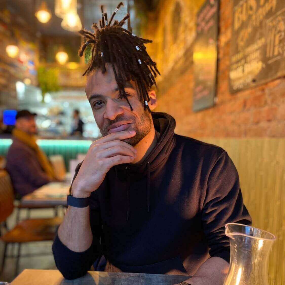 Zuki at a restaurant