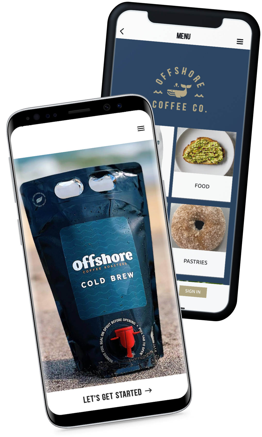 Two Phones showing Offshore Coffee Co App