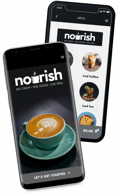 Two phones showing the Nourish Coffee app
